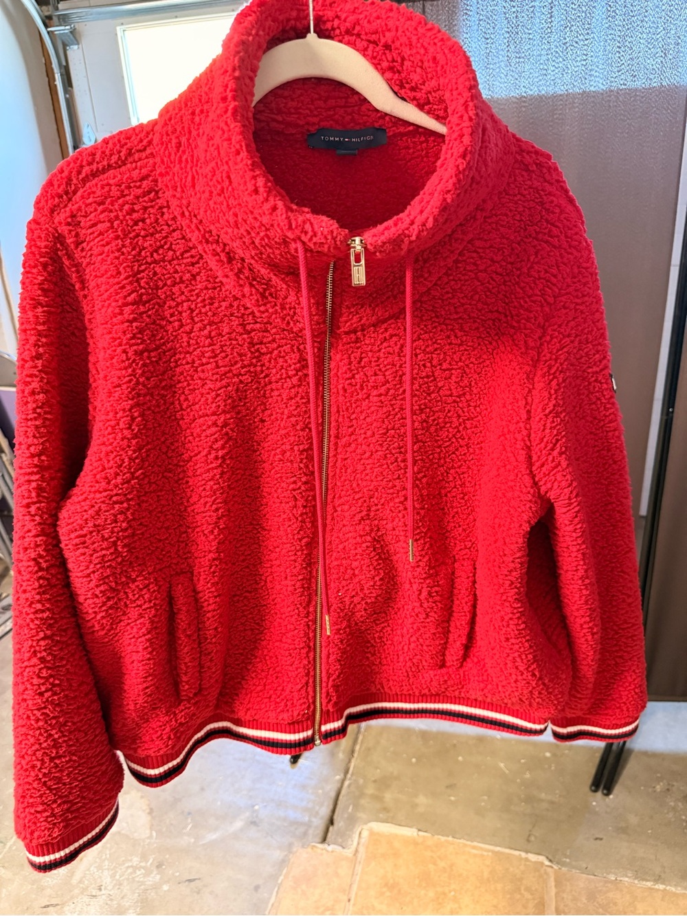 Tommy Hilfiger Bright Red Sherpa Zip Jacket with Striped Trim